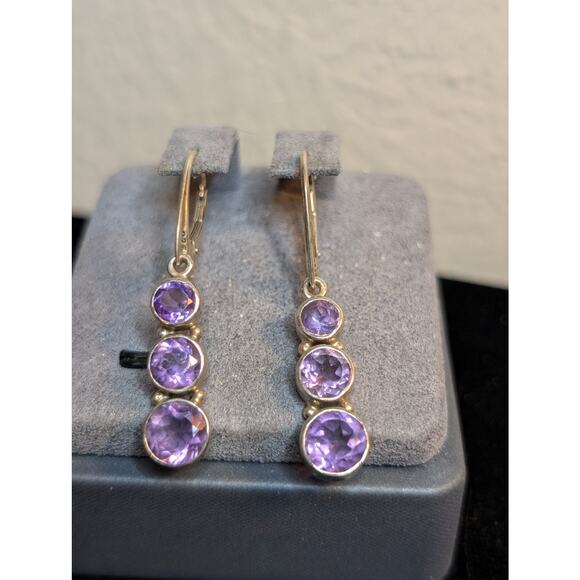Three Round Graduated Bezel Set Amethyst Gemstone Sterling Lever Back Earrings - Picture 5 of 5